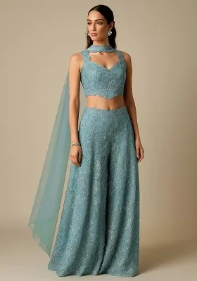Blue Embroidered Net Fusion Set