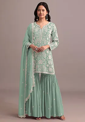 Green Embroidered Georgette Sharara Set With Dupatta