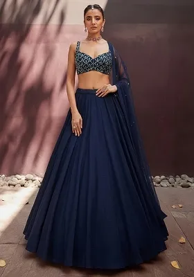 Dark Blue Embroidered Net Lehenga Set