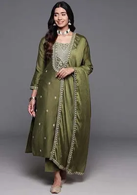 Mehendi Thread Work Viscose Kurta Set With Dupatta