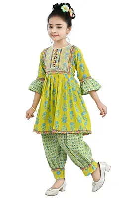 Yellow Printed Cotton Kurta Set For Girls