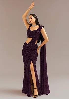 Wine Sequin Embellished Georgette Saree set