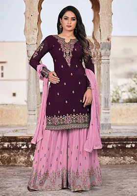 Purple Sequin Thread Embroidered Georgette Sharara Set