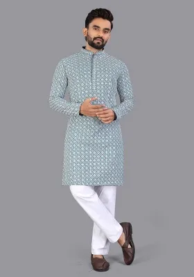 Blue Embroidery Silk Men Kurta Set