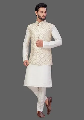 Cream Solid Art Silk Nehru Jacket Set For Men