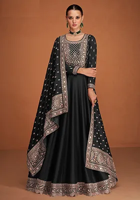 Black Embroidered Silk Anarkali With Dupatta