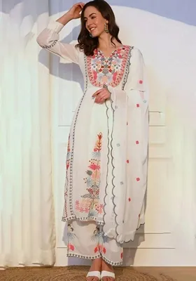 White Thread Embroidery Work Georgette Palazzo Set With Dupatta