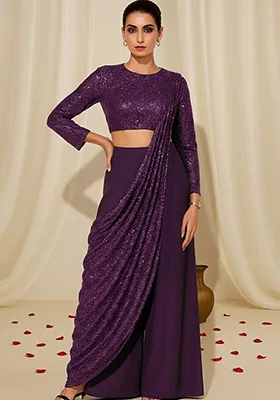 Purple Sequin Embellished Georgette Fusion Set