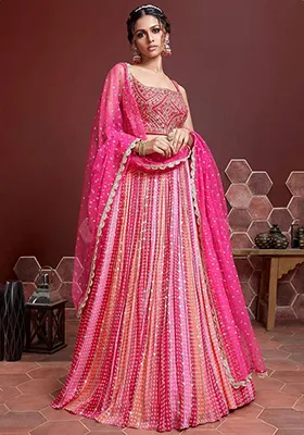 Pink Embroidered Chinon Lehenga Set