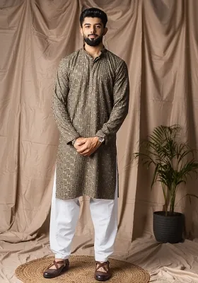 Mehandi Green Weaved Rayon Kurta For Men