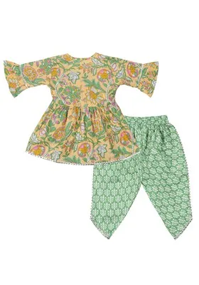 Green Printed Cotton Kurta Set For Girls