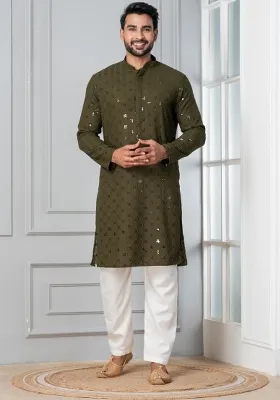 Olive Embroidery Silk Kurta Pyjama Set For Men