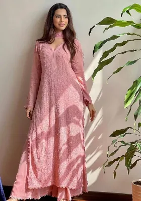 Peach Chikankari Embroidery Work Georgette Kurta Set