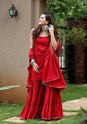 Red Chikankari Chikankari Sharara Set With Dupatta