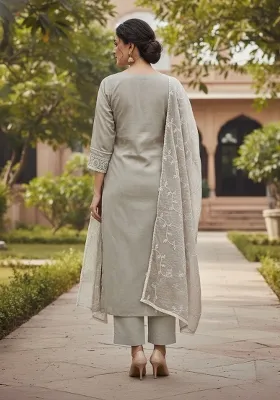 Light Grey Embroidered Viscose Dress Material