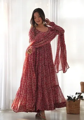 Maroon Printed Fox Georgette Anarkali With Dupatta