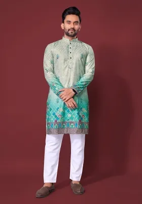 Turquoise Embroidered Cotton Kurta With Pyjama For Men