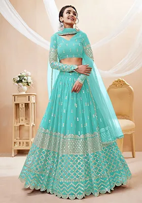 Sky Blue Sequin Embroidered Georgette Lehenga Set