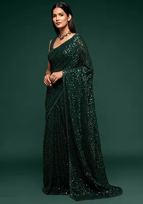 Green Sequin Embroidered Georgette Sarees