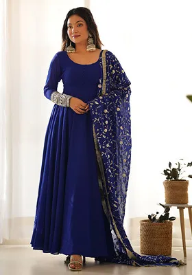Blue Solid Faux Georgette Anarkali With Dupatta