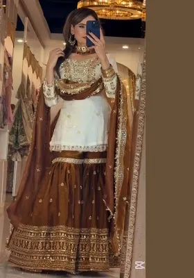 White Embroidery Crep Silk  Salwar Suit