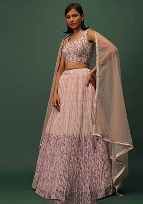 Peach Floral Print Georgette Lehenga Set