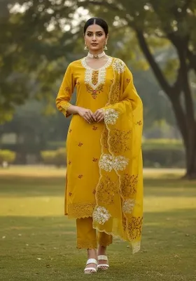 Mustard Embroidered Cotton Blend Dress Material