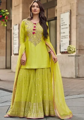 Olive Yellow Embroidered Georgette Sharara Set