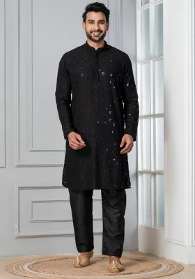 Black Embroidery Silk Kurta Pyjama Set For Men