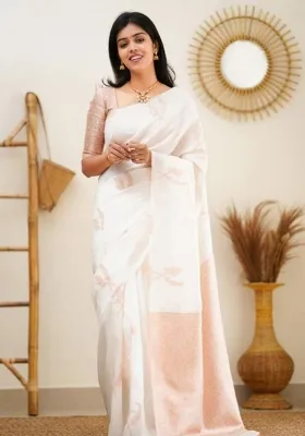 White Jacquard Zari Weave Banarasi Silk Saree Set