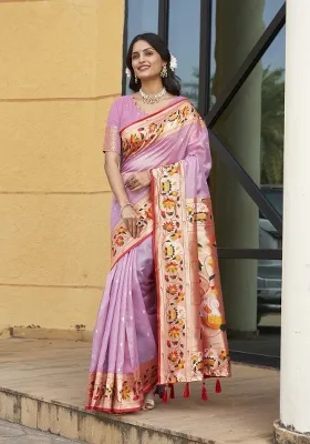 Pink Zari Embroidery Silk Saree