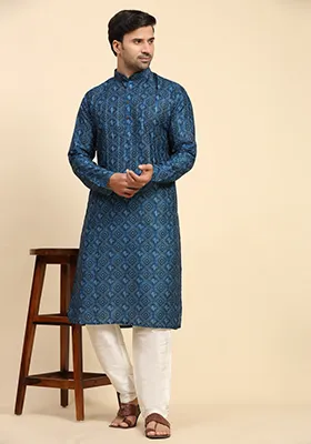 Blue Digital Printed Rado Cotton Kurta For Men
