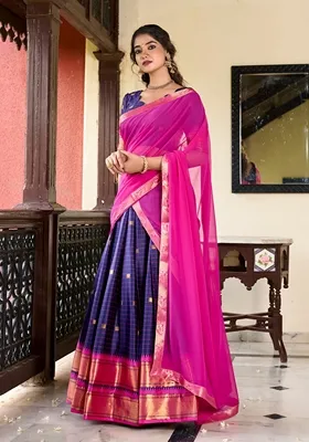 Navy Blue Zari Woven Cotton Silk Lehenga Set
