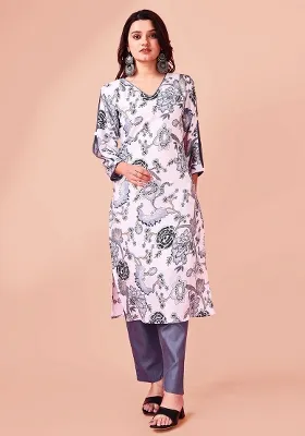 White Printed Cotton Blend Kurta Set