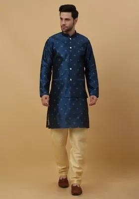 Blue Woven Design Silk Blend Nehru Jacket Set For Men
