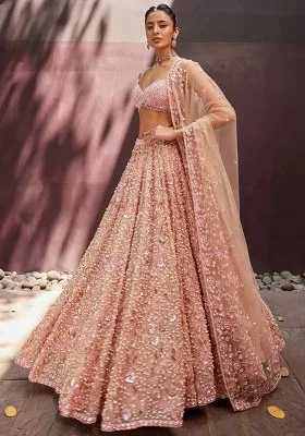 Peach Sequin Work Georgette Lehenga Set
