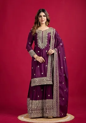 Violet Thread Sequin Embroidered Chinon Sharara Set