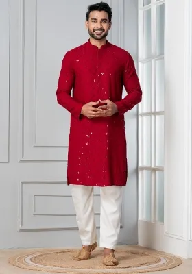 Red Embroidery Silk Kurta Pyjama Set For Men