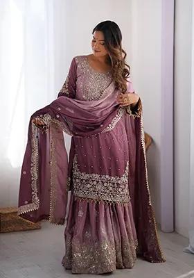 Onion Pink Embroidered Chinon Silk Palazzo Set With Dupatta