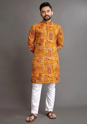 Yellow Embroidered Cotton Kurta With Pyjama For Men