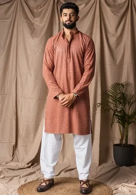 Reddish Orange Weaved Rayon Kurta For Men