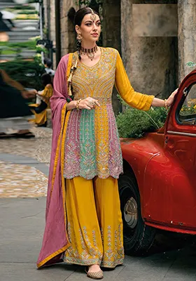 Yellow Embroidered Chinnon Salwar Kameez