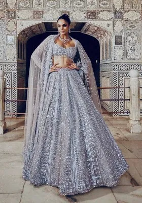 Grey Sequin Work Silk Lehenga Set