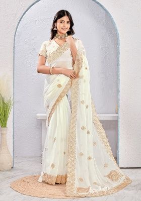 White Embroidery Work Silk Saree Set