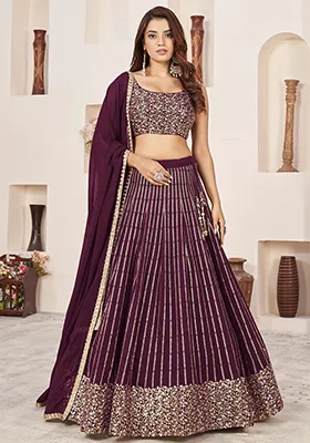Wine Sequin Embroidered Georgette Lehenga Set