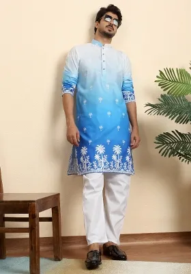 Blue Printed Cotton Blend Kurta For Men