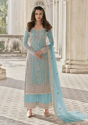 Sky Blue Stone Work Embroidered Net Kurta Set