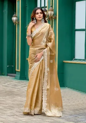 Beige Embroidery Chiffon Saree Set