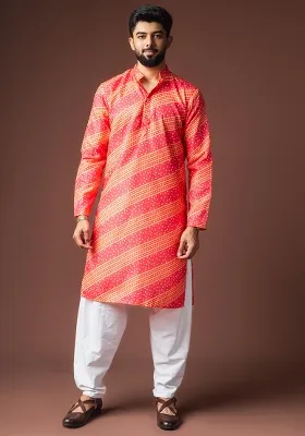 Pink Printed Linen Kurta For Men