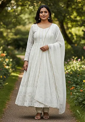 Off White  Embroidered Poly Blend Salwar Kameez With Dupatta